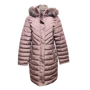 Kenneth Cole Womens Dusty Rose Chevron Quilted Down Long Puffer Jacket Sz L
